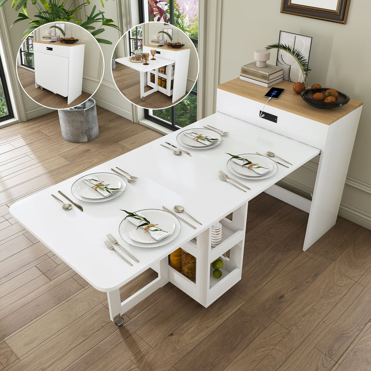 Extendable Dining Table With Power Socket, Lockable Casters, Storage Cabinet