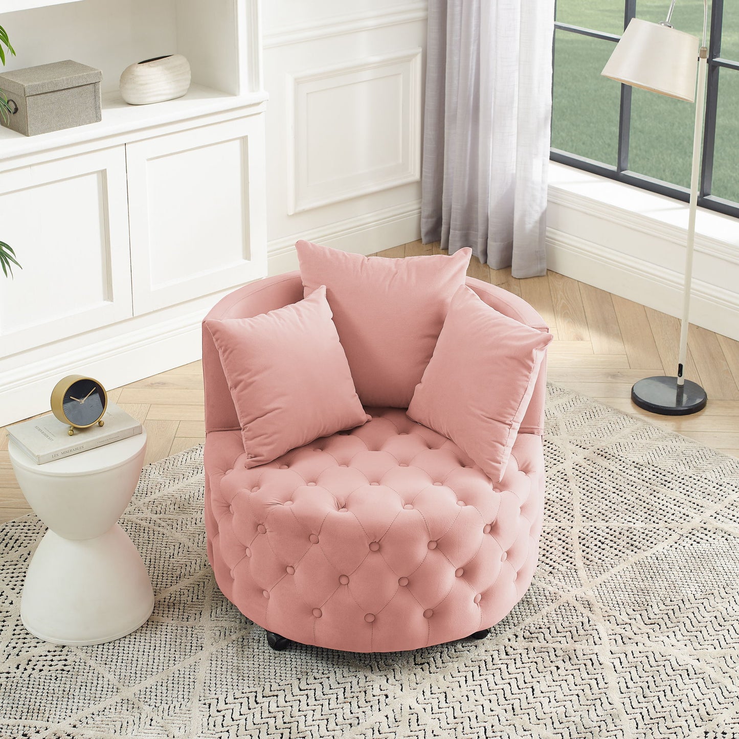 Modern Upholstered Swivel Chair With Button Tufted Design And Movable Wheels
