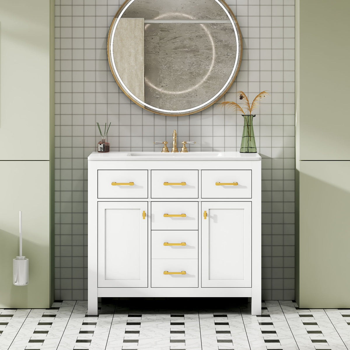Freestanding Bathroom Vanity With 4 Drawers & 2 Cabinets, Frame Storage Cabinet Only
