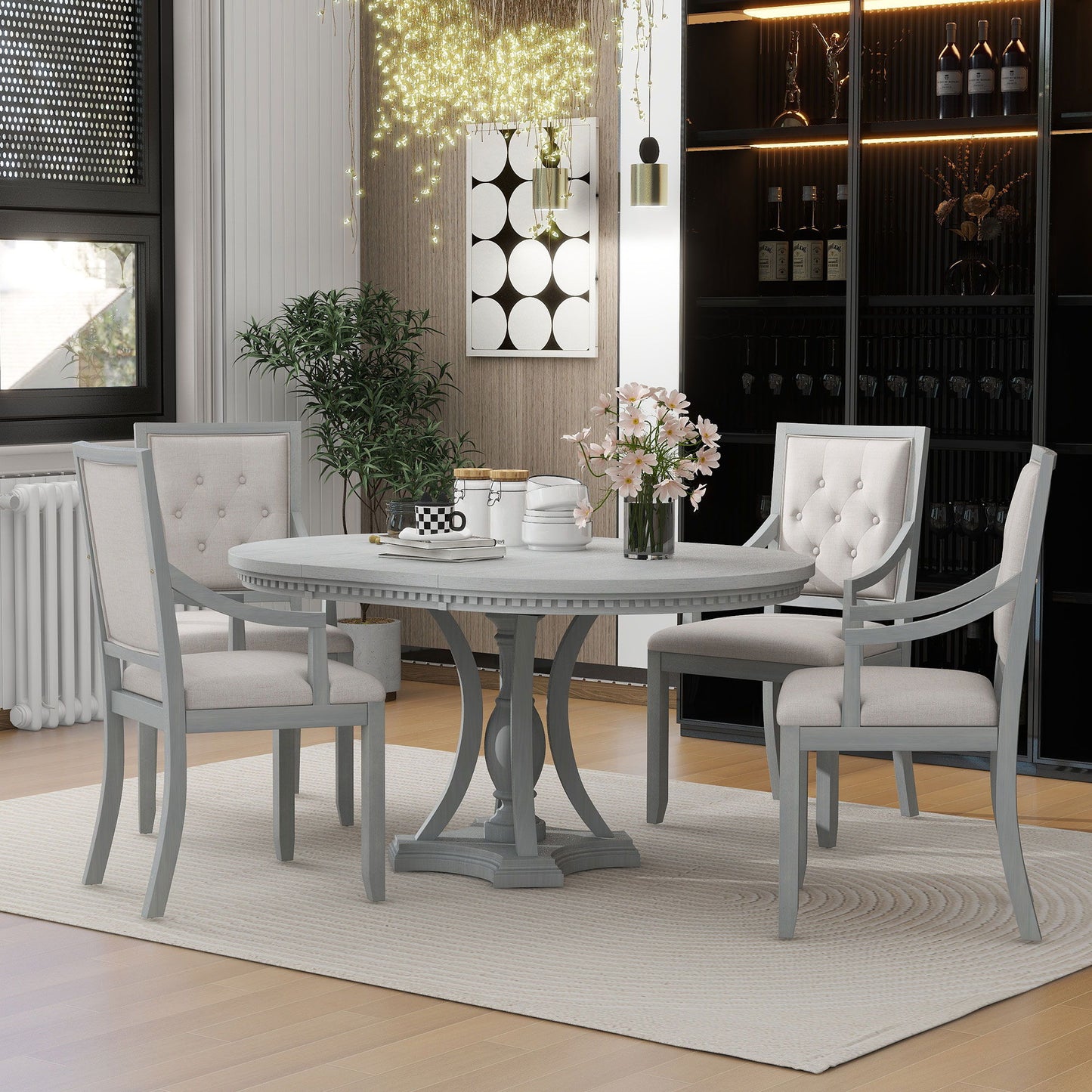 Dining Set Retro Extendable Round Table And Chairs For Kitchen Dining Room